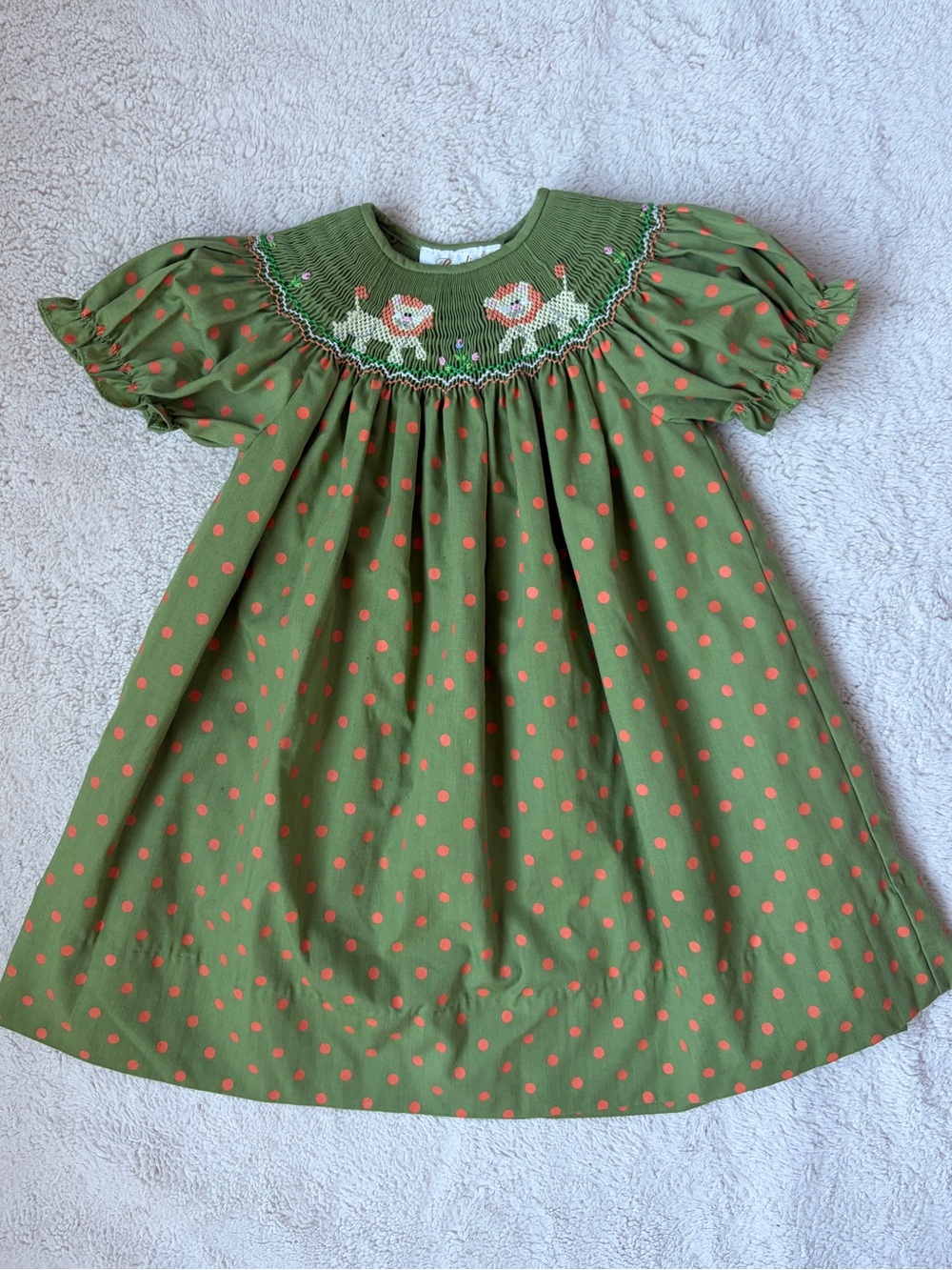 Rosalina Collections Girls' Green Smocked Polka Dot Dress With Lions Size 12 Mo